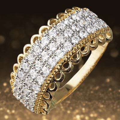 Golden Lace Ring featuring sterling silver with gold plating, adorned with multiple sparkling clear stones, designed for female jewelry lovers.