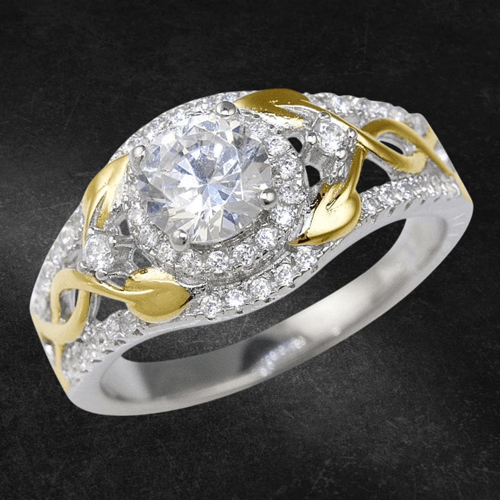 Sterling silver Tendril Ring with two-tone plating featuring a central round clear gemstone surrounded by smaller stones and intricate gold leaf accents.