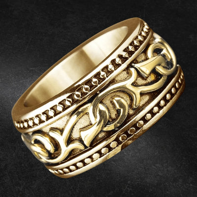 Hudson Gold Ring designed for males, featuring intricate gold plating over stainless steel with a detailed chain-like and beaded pattern, perfect for jewelry collectors.