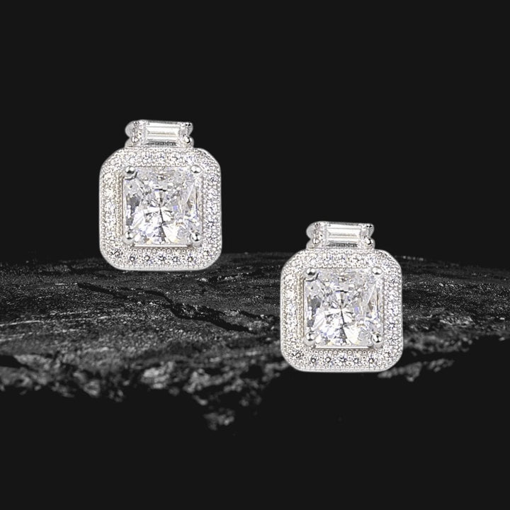 Park Lane Earrings featuring sterling silver with rhodium plating, designed for women, showcasing square-cut sparkling stones surrounded by smaller crystals in an elegant setting.