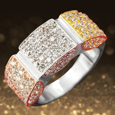 Trio Ring crafted in sterling silver with rhodium plating, featuring three segments encrusted with sparkling stones for an elegant female jewelry piece.