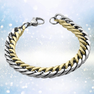 Arena Steel Bracelet featuring a two-tone stainless steel design with intertwined silver and gold links, crafted for a sophisticated male jewelry accessory.