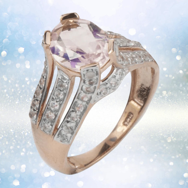 Blush Rose Ring featuring a sterling silver design with rose gold plating, accented by sparkling stones, elegantly crafted for female jewelry collectors.