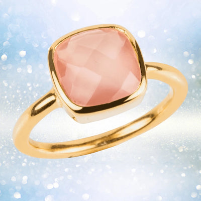 Dream Gems Ring Pink Quartz featuring a faceted pink quartz stone set in a gold-plated sterling silver band designed for women’s elegant jewelry collections.