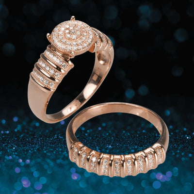 Diana Duo Ring set in sterling silver with rose gold plating, featuring one ring with a cluster of sparkling stones and a complementary textured band, designed for women’s jewelry.