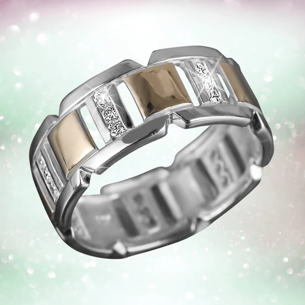 Couture Sports Ring featuring a two-tone sterling silver design with alternating polished and textured segments, crafted for a refined male jewelry statement.