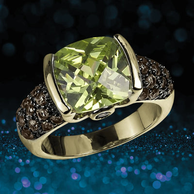 Rainforest Gold Ring featuring a large faceted green gemstone set in sterling silver with gold plating, designed for female jewelry collectors.