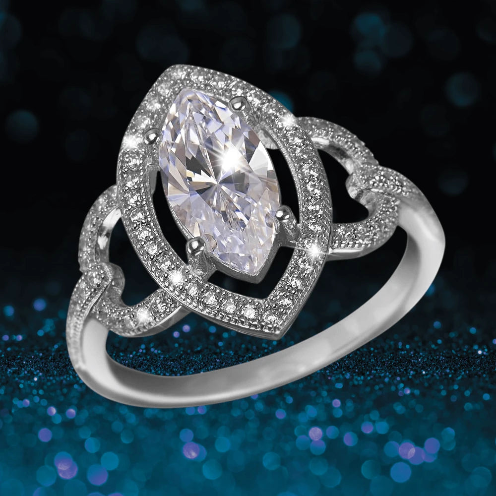 Pompadour Ring in sterling silver with rhodium plating, featuring a marquise-cut center gemstone surrounded by intricate pave-set stones for elegant female jewelry.