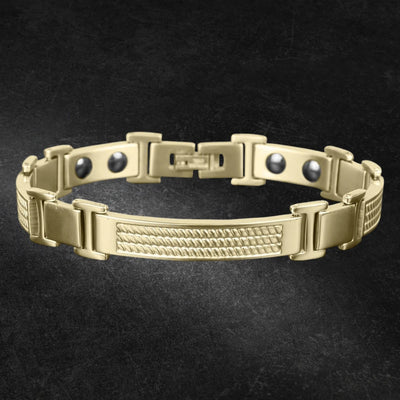 Columbus Magnetic Gold Bracelet for men crafted from stainless steel with gold plating, featuring a sleek, modern design and magnetic elements for enhanced wellness.