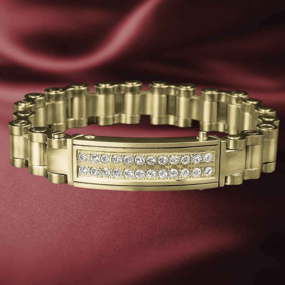 Revolution Bracelet for men made of gold-plated stainless steel with an elegant link design and a central panel adorned with sparkling stones, perfect for stylish jewelry collections.