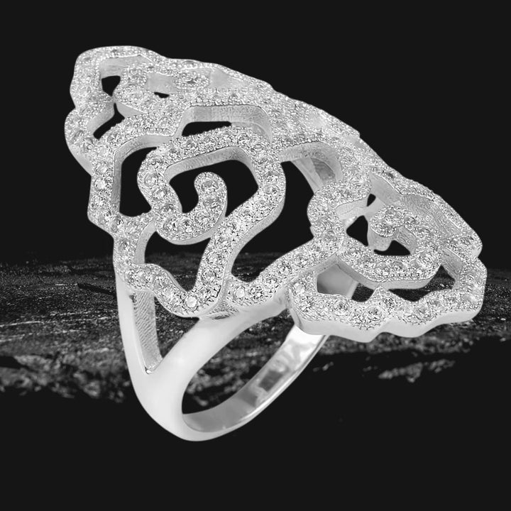 Desert Rose Rhodium Ring crafted in sterling silver with intricate rhodium plating and sparkling detailing, designed for a sophisticated female jewelry collection.