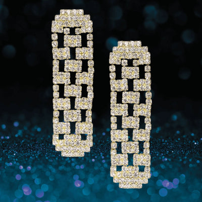 Elegant Las Vegas Earrings for female, crafted from white base metal with gold plating, featuring an intricate sparkling geometric design ideal for sophisticated jewelry collections.