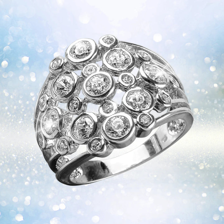 Champagne Fizz Rhodium Ring featuring multiple sparkling stones set in sterling silver with rhodium plating, designed for a sophisticated female jewelry collection.