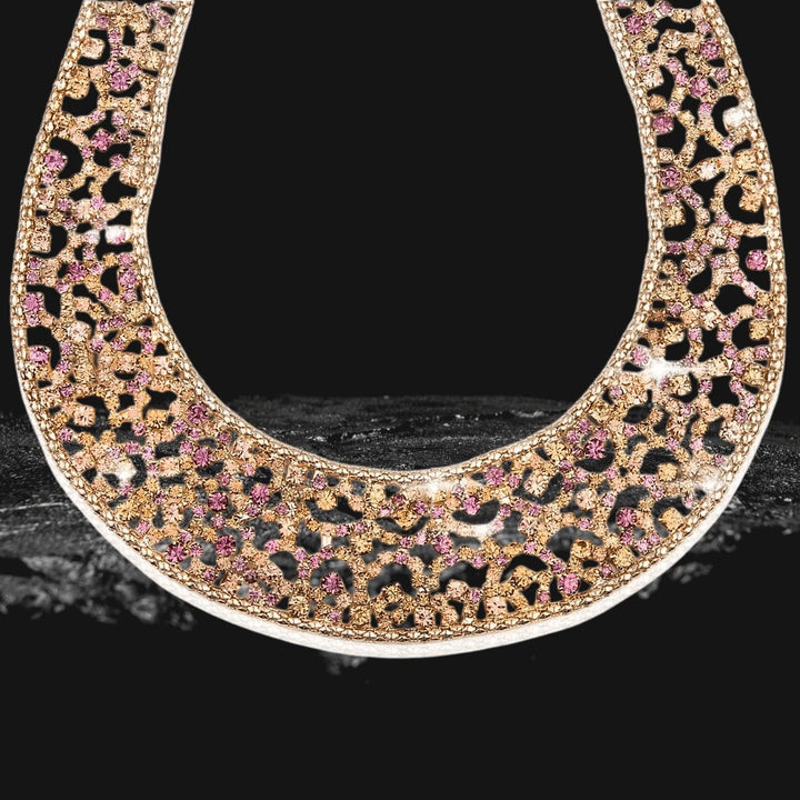 Elegant Spring Lace Necklace for female featuring intricate gold plating over white base metal with detailed lace-inspired design accented with shimmering pink stones.