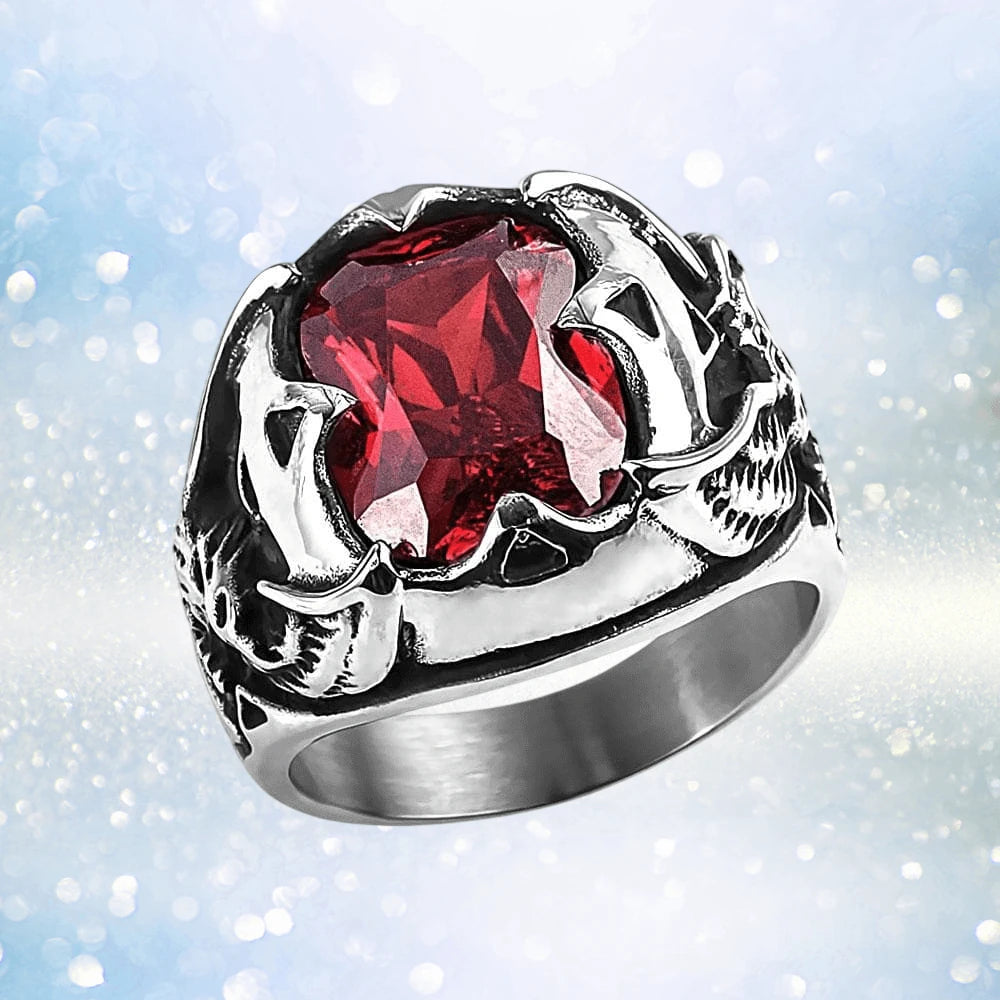 Men's Red Eagle Stone Ring featuring a large red stone set in stainless steel with intricate eagle claw detailing, designed for male jewelry collectors.