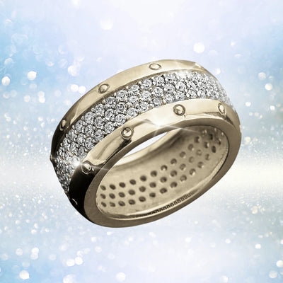 Moonlight Eternity Ring crafted in sterling silver with gold plating, featuring a wide band adorned with sparkling stones, designed for female jewelry enthusiasts.