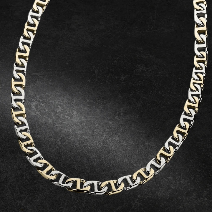 Men's two-tone metal Anchor Chain Necklace with interlocking links, showcasing a bold and stylish design ideal for contemporary jewelry collections.