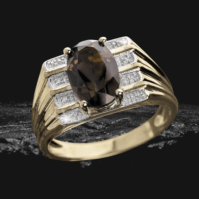 Lexington Smoky Quartz Ring for men featuring a large oval smoky quartz center stone set in sterling silver with gold plating and accented by sparkling clear crystals.