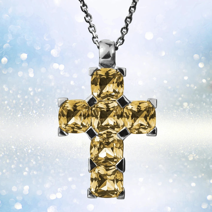 Champagne Milano Cross pendant featuring sparkling yellow gemstones set in sterling silver with rhodium plating, designed for women’s elegant jewelry collections.