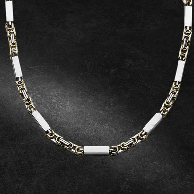 Indiana Two Tone Necklace for men featuring a contemporary chain design with alternating polished silver and gold plating links, perfect for stylish jewelry collections.