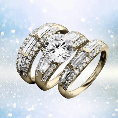 Bali Golden Bridal Ring set featuring a sterling silver design with gold plating, adorned with sparkling clear gemstones, crafted for women’s elegant jewelry collections.