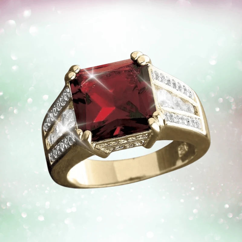 Astra Garnet Ring featuring a radiant deep red garnet centerpiece set in a gold band accented with sparkling white stones, designed for women’s jewelry.