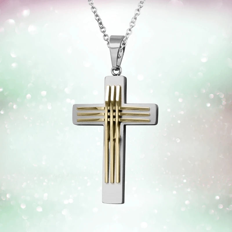 Two Tone Linear Cross pendant for male made of stainless steel featuring a polished silver base with a gold-tone linear cross design and a matching chain necklace.