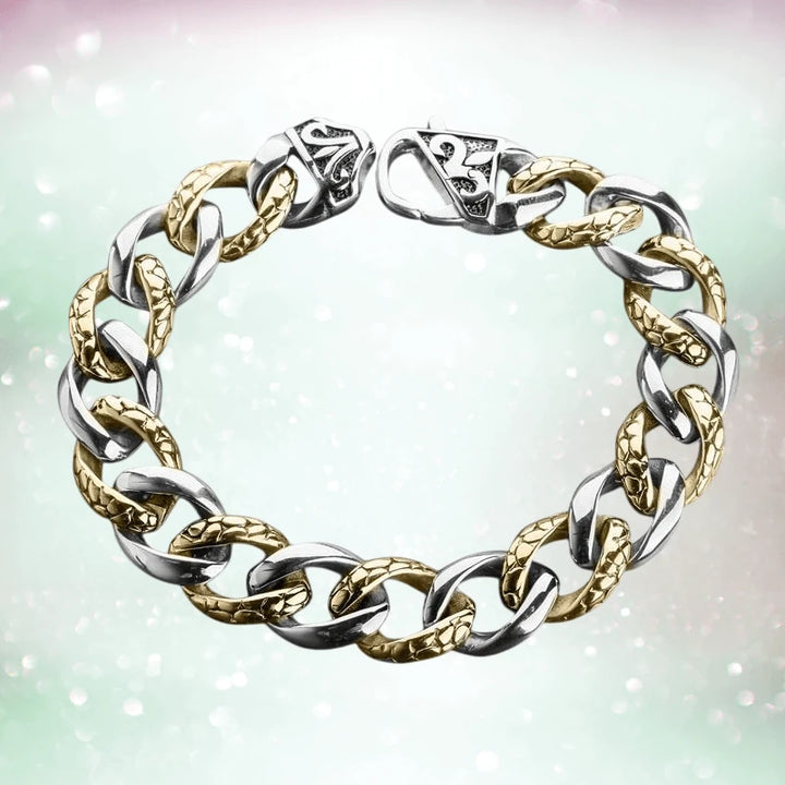 Conway Steel Bracelet featuring a two-tone stainless steel design for men, combining polished silver and textured gold links in a bold chain style bracelet.