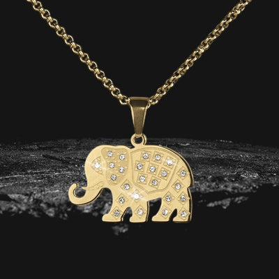 Great Elephanta Pendant in gold-plated stainless steel with intricate crystal embellishments, a unisex jewelry piece perfect for necklace collections.