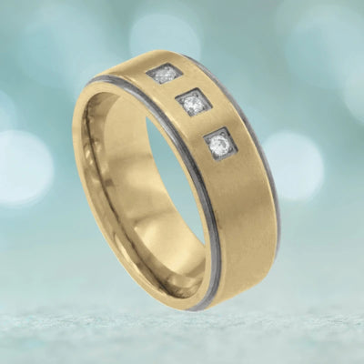 Gateway Diamond Ring featuring a male stainless steel band with gold plating and three embedded diamonds set in a sleek, modern design.