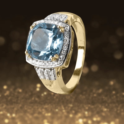 Grace Blue Topaz Ring featuring a sterling silver band with gold plating, designed for women, showcasing a large blue topaz center stone surrounded by sparkling accents.