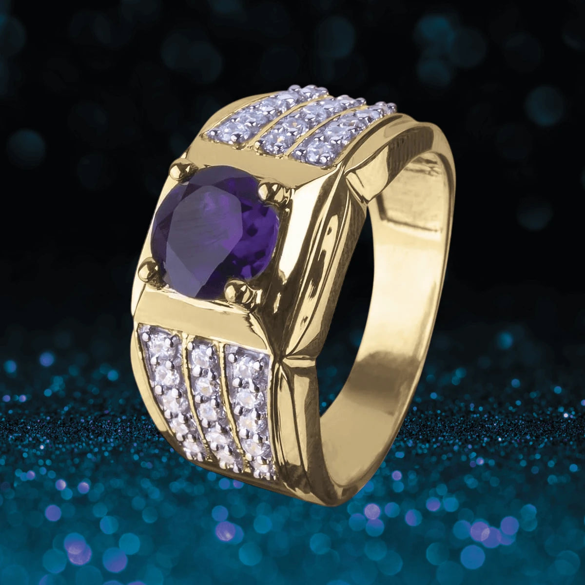 Carter Amethyst Ring featuring a gold-plated sterling silver band with a central faceted purple amethyst gemstone and rows of sparkling accents on each side, designed for men.