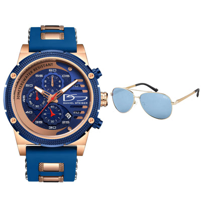 Renegade Blue Men's Watch & Aviator Sunglasses Set with a blue and rose gold chronograph watch and matching blue-lensed aviator sunglasses.