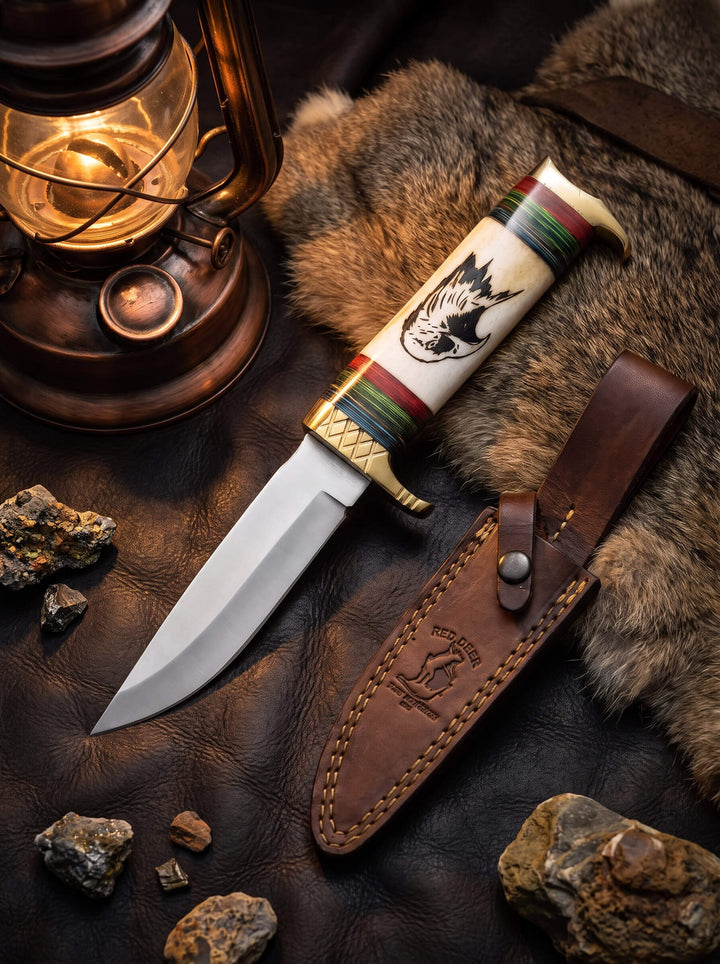 Predator Knife with a carved handle and leather sheath displayed on rustic fur beside a glowing lantern and stones Up To 75% Off Retail