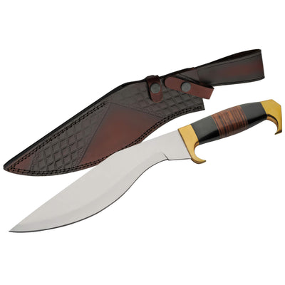 Mirror Finish Kukri Knife with curved polished blade and ornate black brown sheath featuring a textured design and decorative gold toned handle accents