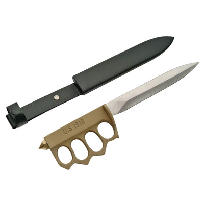 Doughboy 1918 Trench Fighter Knife featuring a brass knuckle grip pointed blade and black sheath offered Up To 75% Off Retail