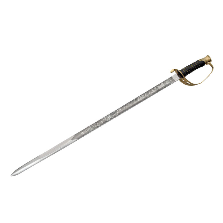 Decorative sword with a long engraved silver blade, pointed tip, black wrapped handle, and brass guard with a curved hand loop on a white background