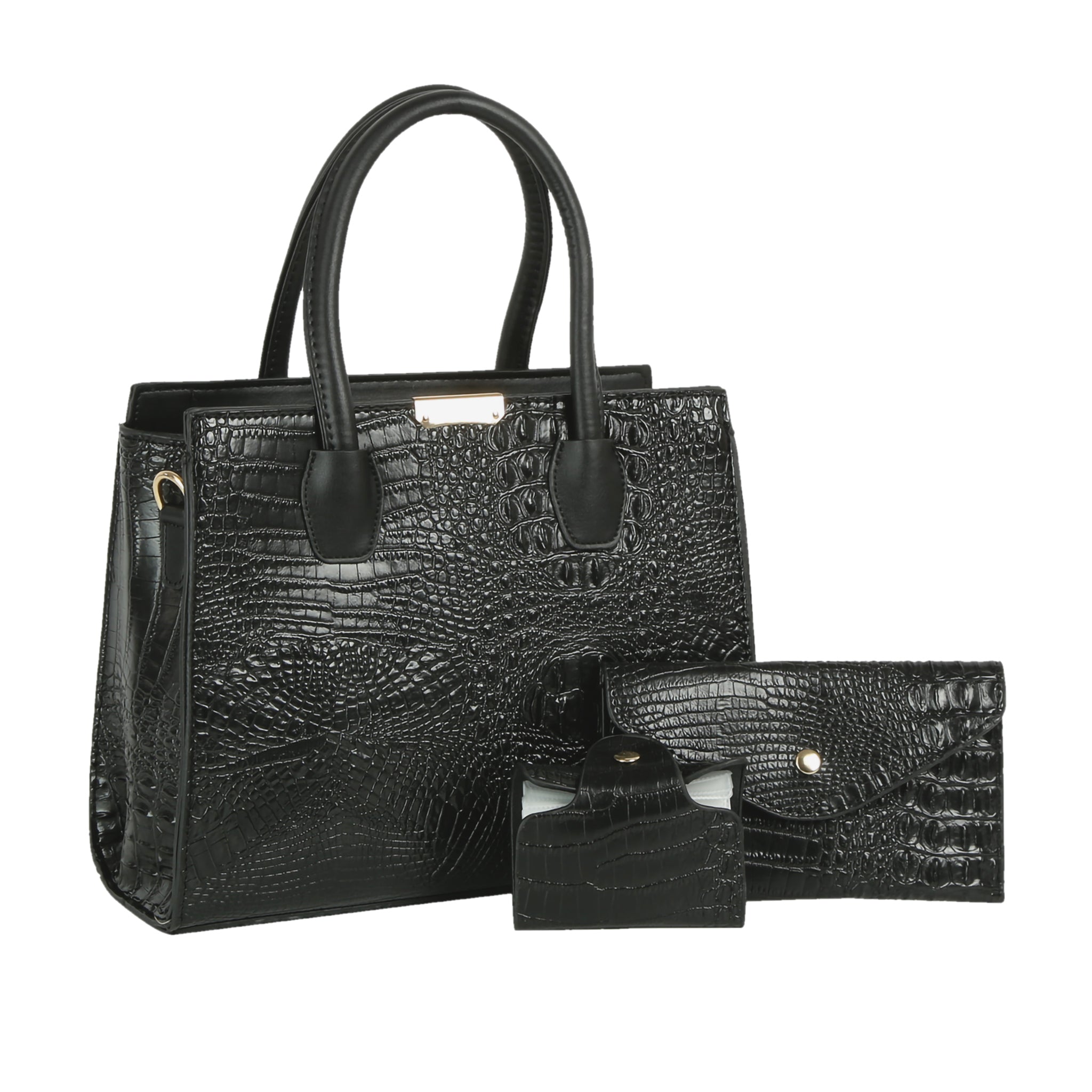 Gabriella Bag Collection featuring a black crocodile embossed handbag with matching wallet and coin purse Up To 75% Off Retail