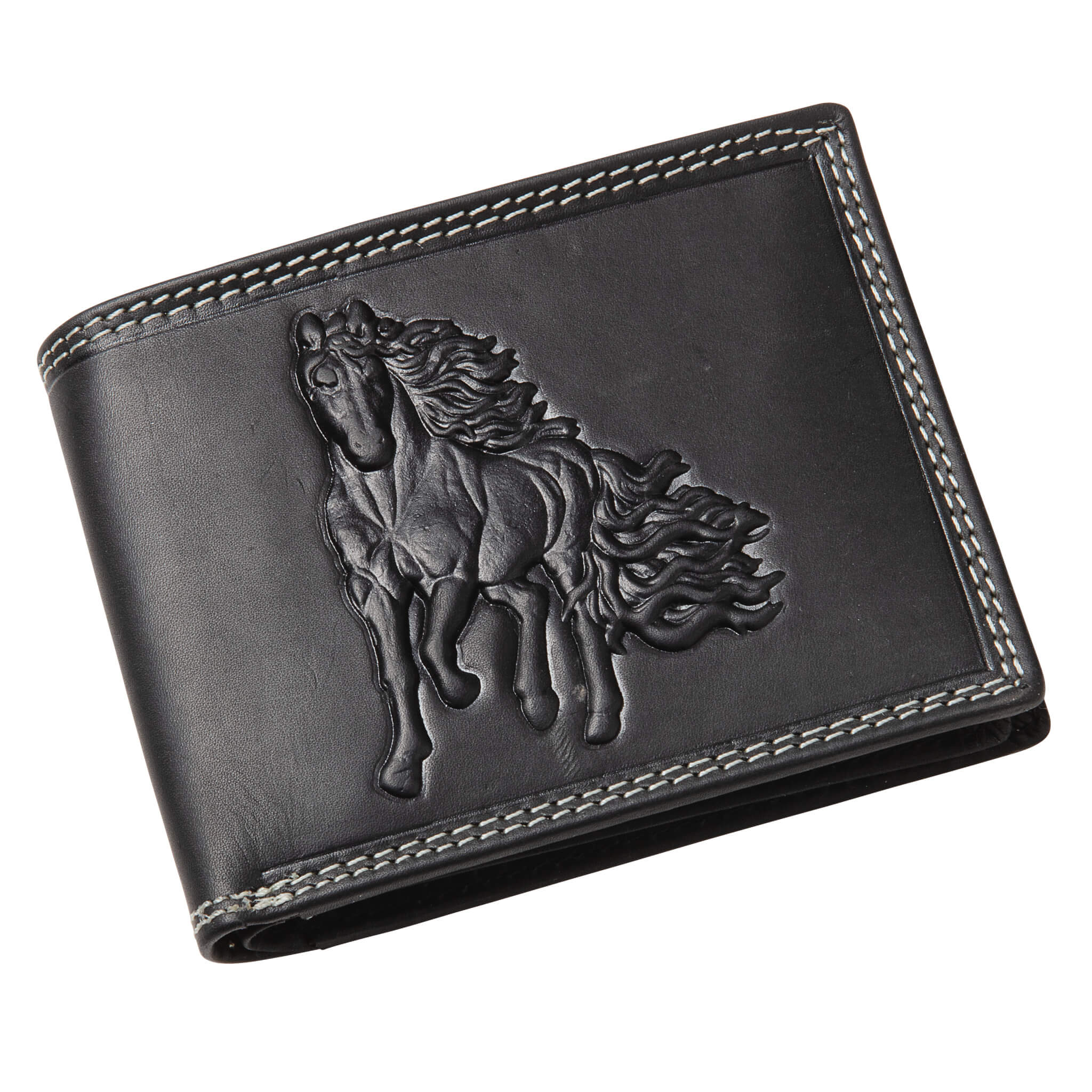 Black leather wallet featuring a detailed embossed horse design, showcasing craftsmanship and style, the Stallion Animal Spirit Leather Wallet offers Up To 75% Off Retail.