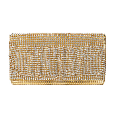 Elegant Gold Ruffle Clutchbag adorned with sparkling rhinestones, designed for women seeking a glamorous accessory for special occasions or evening events.