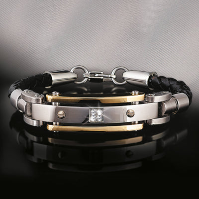 Men's Diamond Leather Bracelet featuring two-tone steel and leather construction with a central diamond accent and secure clasp, designed for men’s jewelry collections.