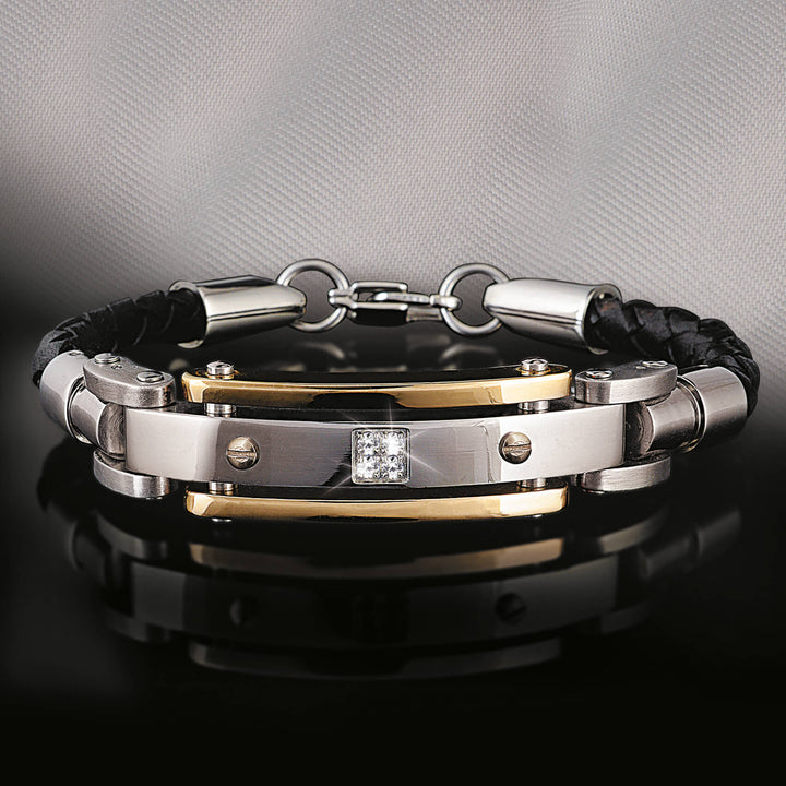 Men's Diamond Leather Bracelet featuring two-tone steel and leather construction with a central diamond accent and secure clasp, designed for men’s jewelry collections.