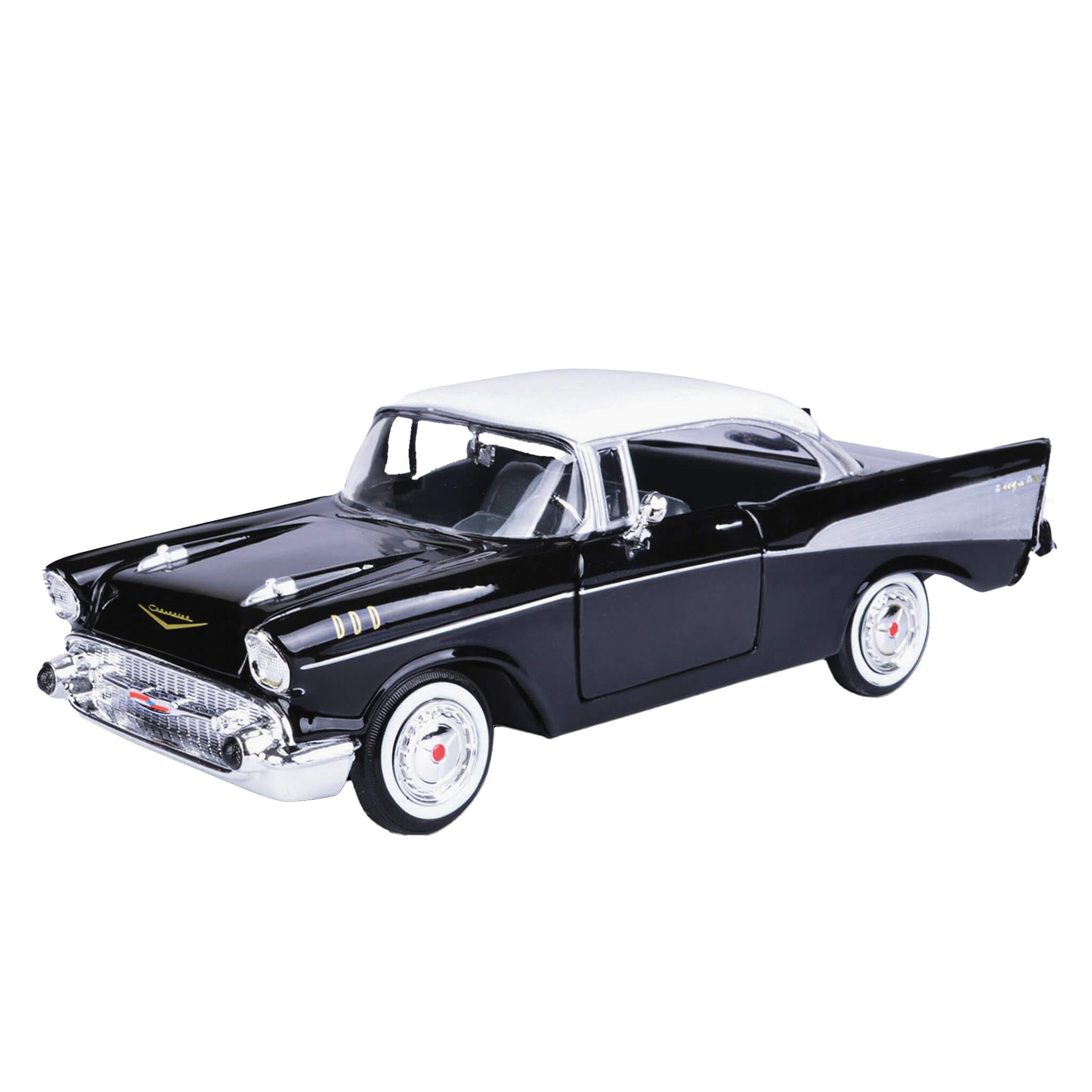 Detailed scale model of a 1957 Chevy Bel Air - Black with white roof, chrome accents, and classic vintage design features against a white background.