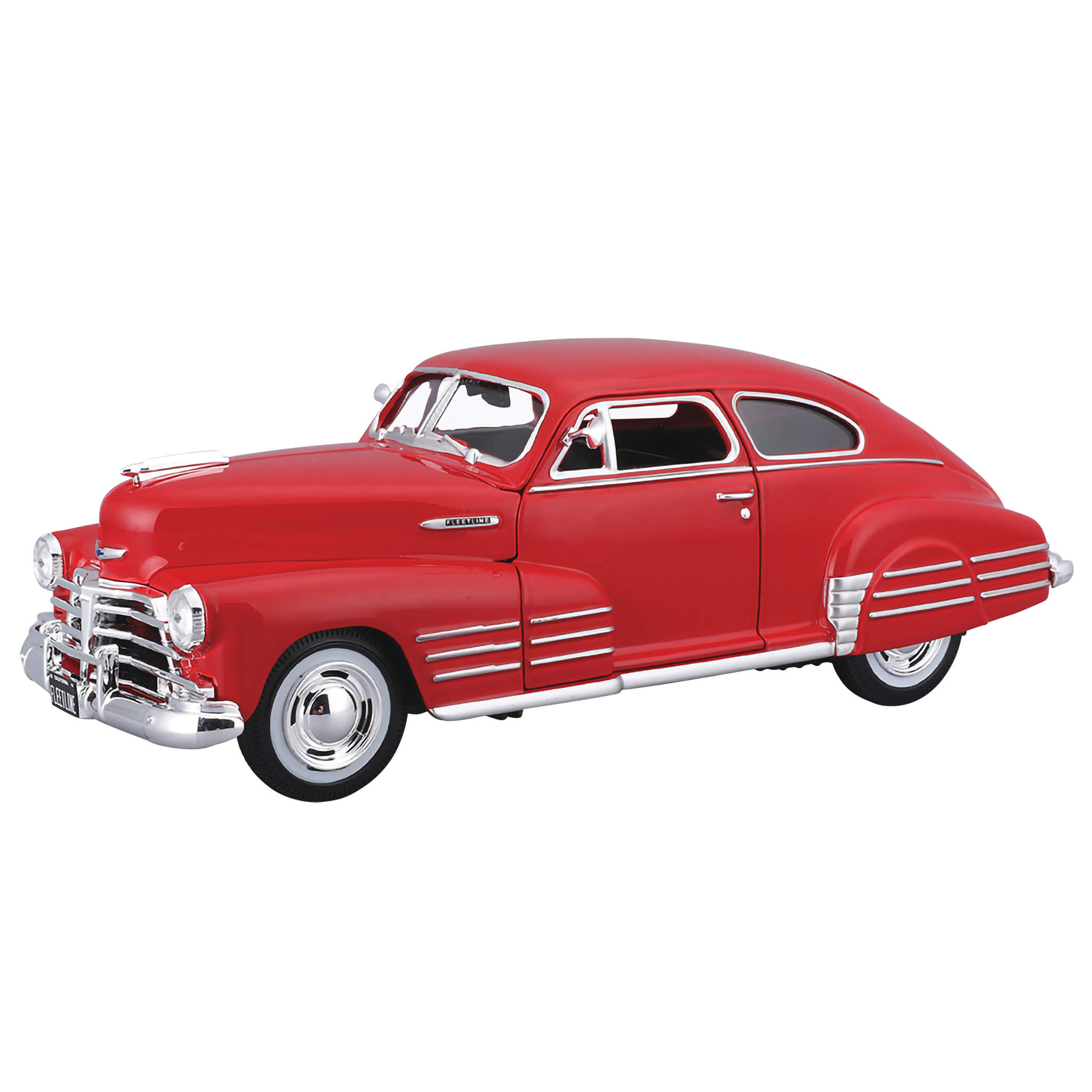 Red die cast model of the 1948 Chevrolet Fleetline Aerosedan showcasing classic vintage car design with chrome detailing and smooth aerodynamic lines, Up To 75% Off Retail.