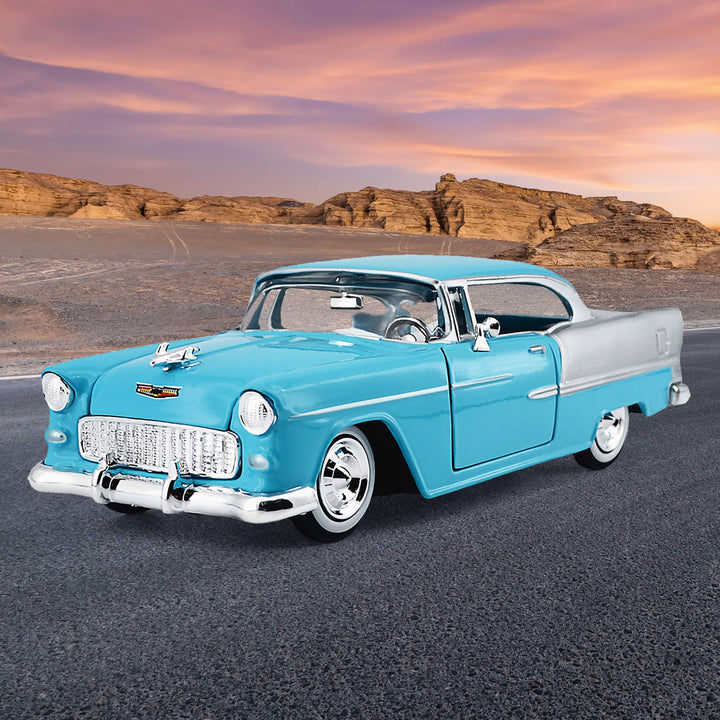 1955 Chevy Bel Air - Blue classic car displayed on an open desert road beneath a colorful sunset. Up To 75% Off Retail