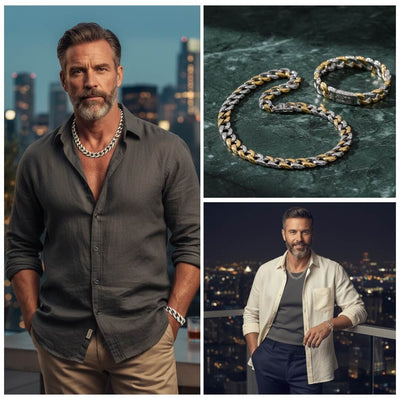 Collage of a man wearing a chain necklace with close-ups of the necklace and cityscape background.  Curb Vine Men's Set by Daniel Steiger