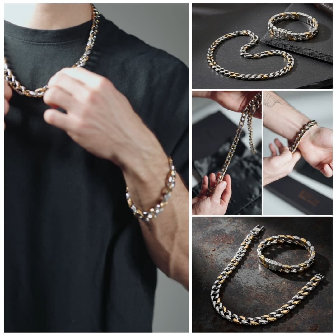 Collage of chain jewelry including necklace, bracelet, and ring on a dark surface.  Curb Vine Men's Set by Daniel Steiger