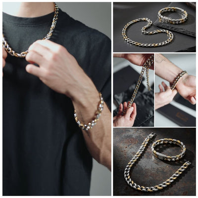 Collage of chain jewelry including necklace, bracelet, and ring on a dark surface.  Curb Vine Men's Set by Daniel Steiger