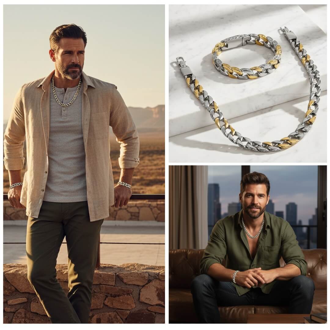 Curb Vine Men's Set featuring two-tone stainless steel bracelet and necklace styled on a male model in casual settings with modern city and desert backgrounds.