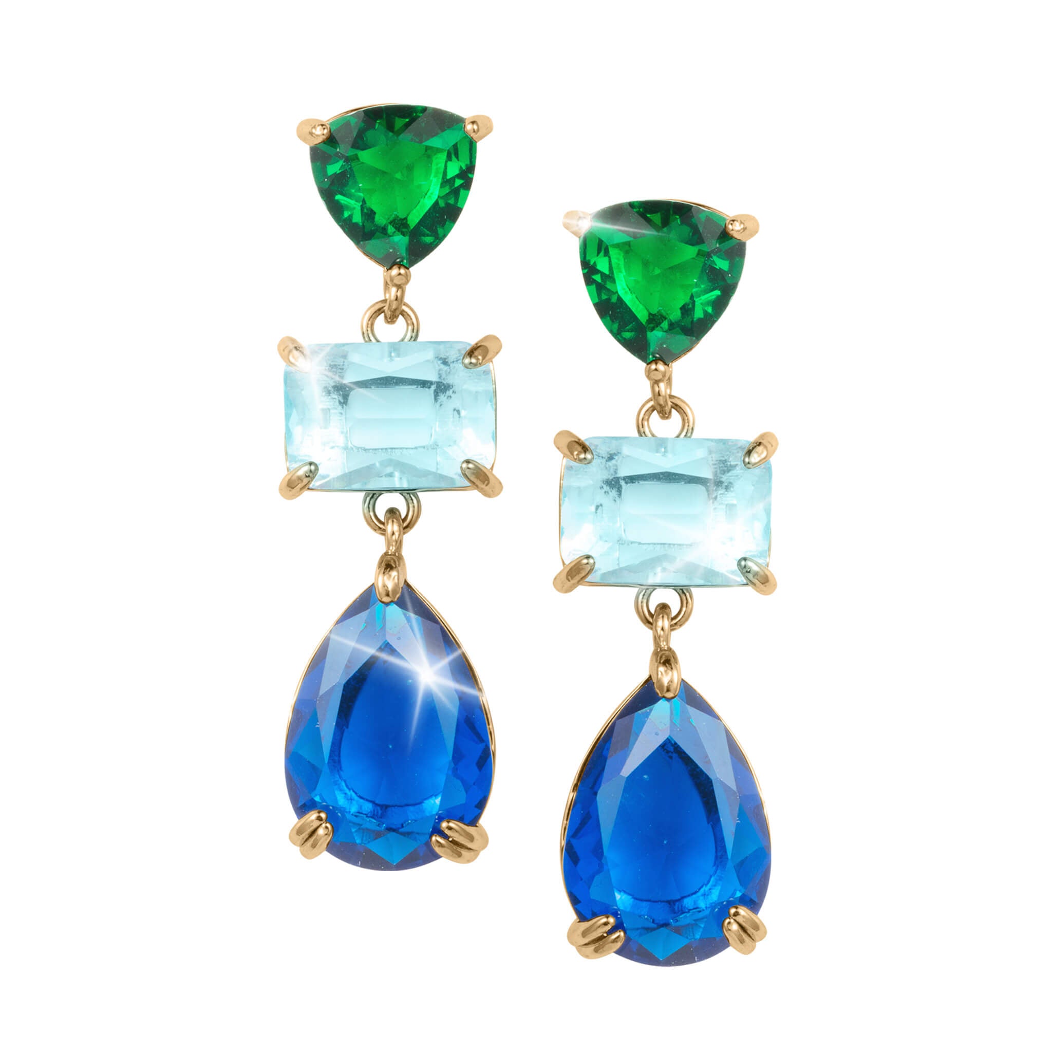 Midnight Riviera Earrings featuring gold plating with vibrant green, light blue, and deep blue gemstones, designed for female jewelry lovers, available Up To 75% Off Retail.